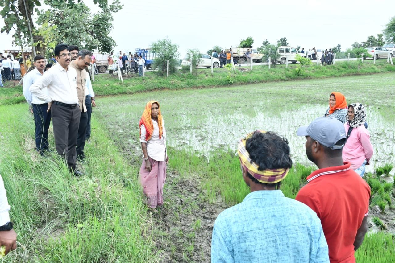 धान रोपाई के बीच खेतों में पहुँचे संभागायुक्त और कलेक्टर, किसानों से किया संवाद  खेती-किसानी की जमीनी हकीकत जानी, खाद-बी